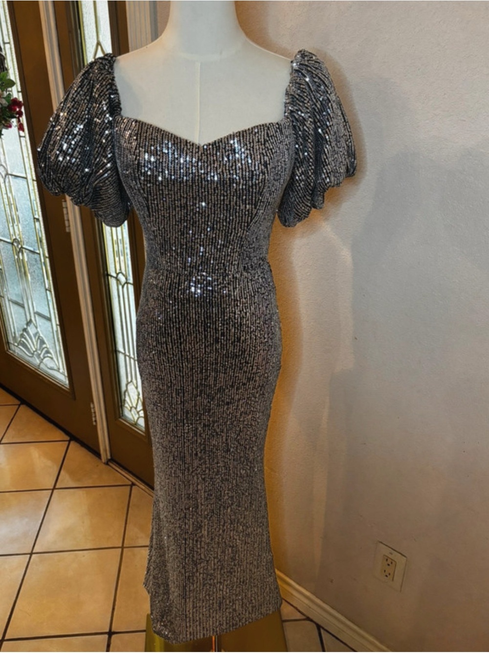 Silver Sequin Puff-Sleeve Midi Dress